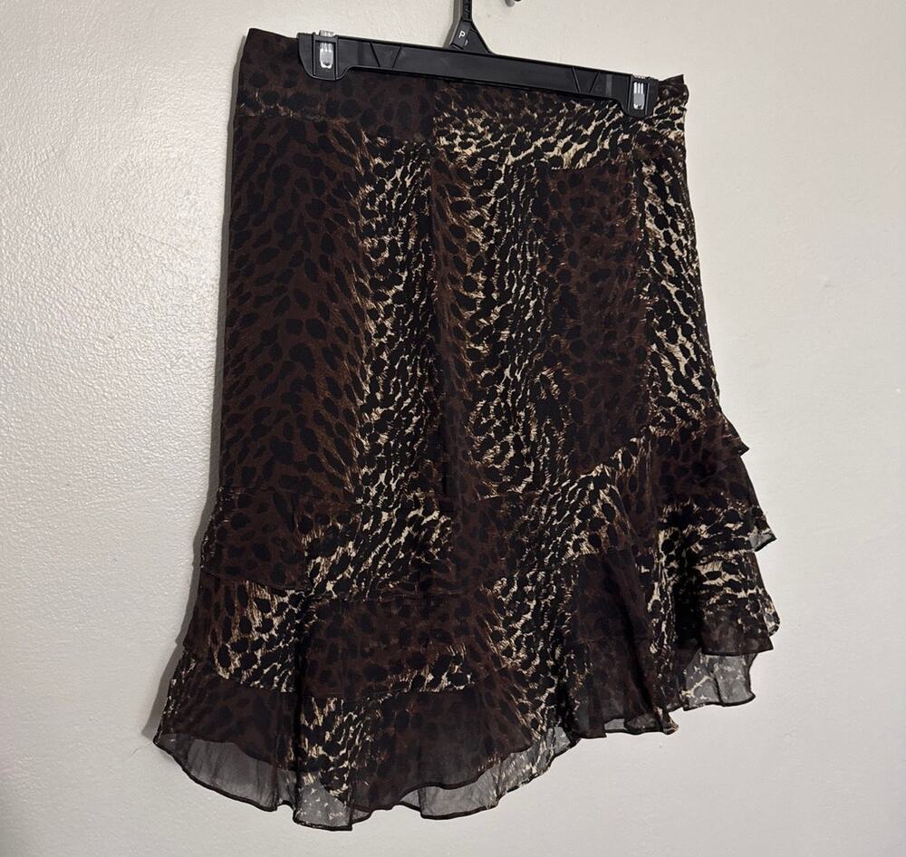 Womens Size S Y2K Express 100% Silk Dark Cheetah Ruffle Above Knee Chiffon Skirt